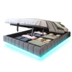 Homvra lit coffre en lin gris 160x200 cm lit adulte avec sommier � lattes design sans t�te de lit