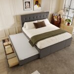 Homvra lit double 140x200 cm lit adulte avec lit gigogne 3 tiroirs et sommier � lattes lin gris (sans ...
