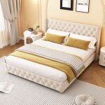 Homvra lit double adulte 160�200 cm - d�co rivets + boutons - sommier � lattes - velours beige clair ...