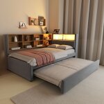 Homvra lit enfant 90�200 cm lit banquette avec 1 lit gigogne led et usb rangements en flanelle gris fonc� ...