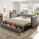 Homvra lit enfant 90x190 cm lit gigogne avec 2 tiroirs lit banquette avec sommier � lattes coton et lin ...