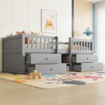 Homvra lit enfant 90x200 cm avec 4 tiroirs et barri�re de s�curit� en bois et mdf gris (sans matelas) ...