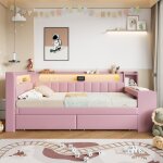 Homvra lit enfant 90x200 cm avec ports usb et �clairage led avec bureau int�gr� mdf rembourr� rose (sans ...