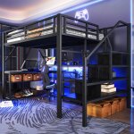 Homvra lit enfant / ado 140x200 cm lit mezzanine avec led et usb bureau et rangements sommeir � lattes ...