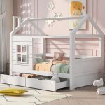 Homvra lit enfant blanc 140x200cm lit cabane avec 2 tiroirs fen�tre et sommier � lattes