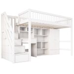 Homvra lit mezzanine 90x200 cm lit enfant avec rangements multiples bureau et sommier � lattes bois blanc ...