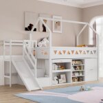 Homvra lit mezzanine 90x200 cm lit enfant avec toboggan rangements multiples et sommier � lattes blanc ...