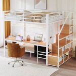 Homvra lit superpos� 90x200 cm + 140x200 cm lit 2 / 3 places avec bureau prises et led m�tal blanc