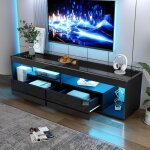 Homvra meuble tv brillant 180x40x46 cm - led - 2 tiroirs - plateau en verre - noir