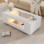Homvra table basse blanche led 100x50x35 cm - plateau en verre - rangement 2 niveaux - design brillant ...