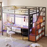 Homvralit superpos� 90x200 cm + 140x200 cm lit 2 / 3 places avec bureau prises et led m�tal noir