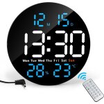Horloge murale num�rique led ronde 25 cm bleue t�l�commande temp�rature humidit� date alarmes