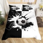 Housse de couette - imprime - football noir et blanc - 200x200 cm - 2 taies 65x65 cm - microfibre
