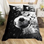 Housse de couette 200x200cm football sport th�me parure de lit pour gar�ons filles noir argent ensemble ...