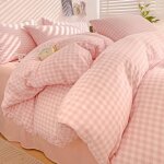 Housse de couette 220x240 rose et blanc  carreaux vichy moderne parure de lit adulte 2 personnes 2 taies ...