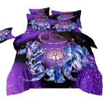 Housse de couette attrape - r�ves violet 200x200 cm lot 2 pi�ces imprim� plumes literie boh�me pour enfant ...