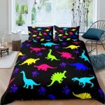 Housse de couette - imprim�e - dinosaures color�s - 200x200 cm - 2 taies 65x65 cm - microfibre 3d