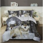 Housse de couette loup animal enfant coton microfibre parure de lit avec 2 taies doreiller et fermeture ...
