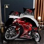 Housse de couette - moto - parure de lit - 220x240cm - rouge - motif 3d - microfibre premium