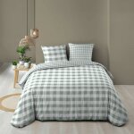 Housse de couette r�versible 260 x 240 cm victoire sauge 57 fils ? coton motif vichy 2 taies