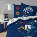 Parure de lit imprim�e 100% coton - harry potter blason - bleu nuit - 140x200 + 63x63cm