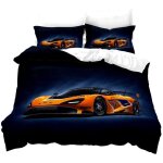 Housse de couette voiture de course - imprim� 3d - bleu fonc� et jaune - microfibre premium