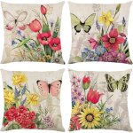 Housse de coussin - jiangzha - lot de 4 - 45x45 cm - lin - motif fleur