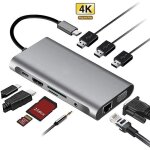 Hub usb c adaptateur 10 en 1 avec 4k - hdmi vga usb 3. 0 type c port pd ethernet rj45 lecture carte sd ...