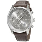 Hugo boss homme 44mm bracelet cuir marron quartz cadran gris montre 1513476
