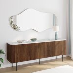 Idmarket buffet bas 160 cm marla 4 portes effet noyer et lattes et plateau marbre blanc alaska