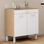 Idmarket buffet bas de cuisine 80 cm cina plan de travail h. 83 cm 2 portes + tiroir fa�on h�tre et blanc ...
