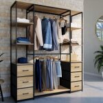 Idmarket dressing double penderie + double colonne l. 140 cm utah avec 6 tagres et 6 bacs en tissu ...