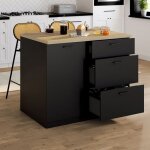 Idmarket ilot central tibo 110 cm casserolier 3 tiroirs bois noir avec plan de travail fa�on h�tre