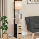 Idmarket lampadaire industriel en bois noir avec �tag�res bois clair 3 tiroirs tissu utah et abat - jour ...