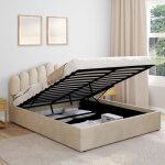 Idmarket lit coffre double noelie avec t�te de lit et sommier 160 x 200 cm velours beige