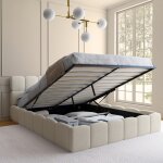 Idmarket lit coffre double nuage avec t�te de lit matelass�e et sommier 160 x 200 cm tissu bouclette ...