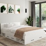 Idmarket lit double minea avec tiroirs + niches de rangement + tte de lit et sommier 140 x 190 cm blanc ...