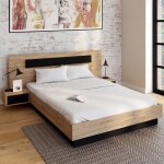 Idmarket lit double santa avec tte de lit + tables de chevet intgres et sommier 140 x 190 cm bois ...