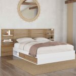 Idmarket lit double savana avec tte de lit chevets rangements et sommier 140 x 190 cm htre et blanc ...