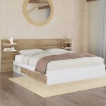Idmarket lit double savana avec tte de lit chevets rangements et sommier 160 x 200 cm faon htre et ...