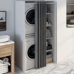 Idmarket meuble de buanderie double machine � laver avec rideau coulissant wallis blanc