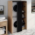 Idmarket meuble de buanderie double machine  laver avec rideau coulissant wallis htre et noir