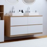 Idmarket meuble double vasque suspendu salle de bain tomi 120 cm 4 tiroirs fa�on h�tre et blanc