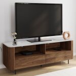 Idmarket meuble tv 140 cm marla noyer effet lattes 2 tiroirs et plateau marbre blanc alaska