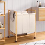 Idmarket panier  linge 3 compartiments bambou rita tissu cru avec roulettes