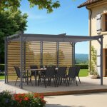 Idmarket pergola �dition collector persiennes horizontales effet bois et toit r�tractable 3x4m 4 pans ...