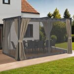 Idmarket pergola �dition int�grale moustiquaire toit r�tractable 3x4 m et 4 rideaux taupe
