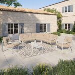 Idmarket salon de jardin bas nairobi 8 places salon dangle en acier blanc et coussins beiges