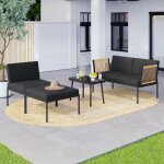 Idmarket salon de jardin bas rio 4 places modulable structure m�tal noir cordage effet rotin clair avec ...