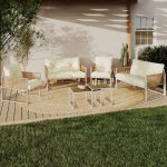Idmarket salon de jardin bas rio 6 places structure m�tal blanc et cordage effet rotin avec coussins ...